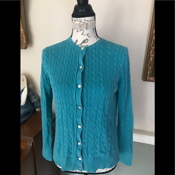 Lands’End Aqua Blue Ribbed Cardigan Sweater M/P - Picture 2 of 6